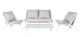 ZESTAW BERI NEW: 2 FOTELE 69X88XH83CM, 2OS.SOFA 142X88XH83CM, STOLIK 110X60XH32CM ALUMINIUM BIEL...