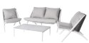 ZESTAW BERI NEW: 2 FOTELE 69X88XH83CM, 2OS.SOFA 142X88XH83CM, STOLIK 110X60XH32CM ALUMINIUM BIEL...